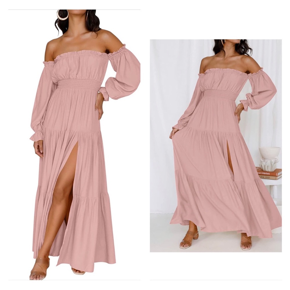 Off Shoulder Long Sleeve Smocked High Waist Side Split Flowy Long Maxi Dress